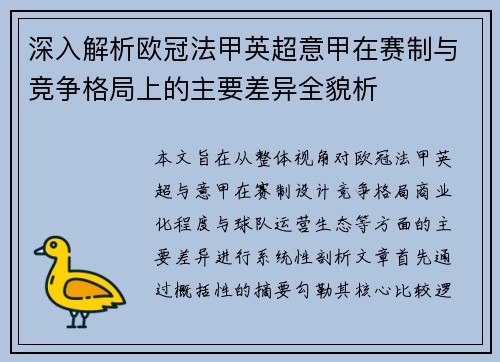 深入解析欧冠法甲英超意甲在赛制与竞争格局上的主要差异全貌析