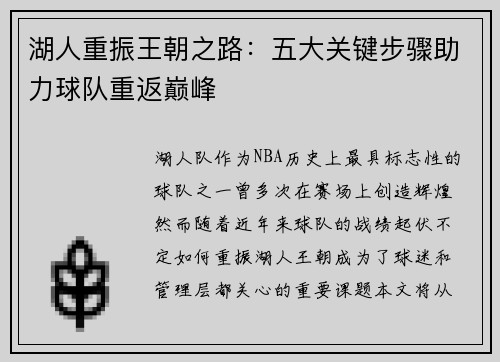 湖人重振王朝之路：五大关键步骤助力球队重返巅峰