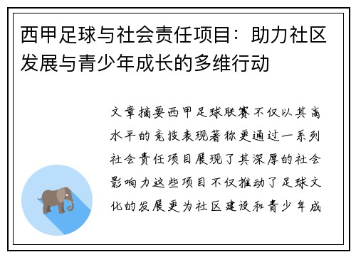 西甲足球与社会责任项目：助力社区发展与青少年成长的多维行动