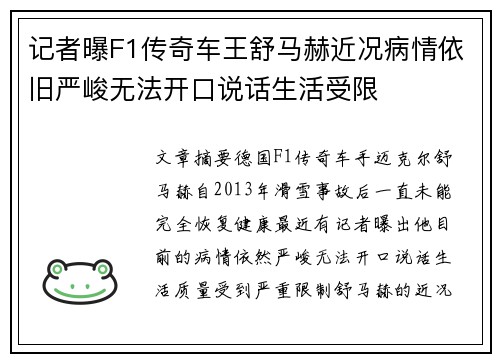 记者曝F1传奇车王舒马赫近况病情依旧严峻无法开口说话生活受限